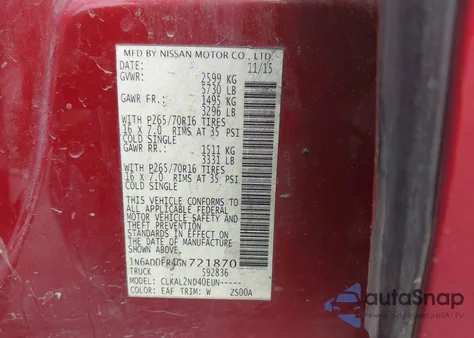 2016 Nissan Frontier Sv z USA, uszkodzony, nr VIN 1N6AD0ER4GN721870